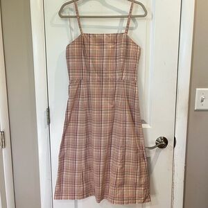 J. Crew Spaghetti Strap Plaid Midi Sun Dress 100% Cotton Sz 8 Beige/Pink Multi